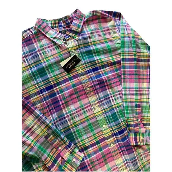 Polo Ralph Lauren Classic Fit Plaid Oxford Shirt Mens Sz 5XB NEW Blue Pink $125